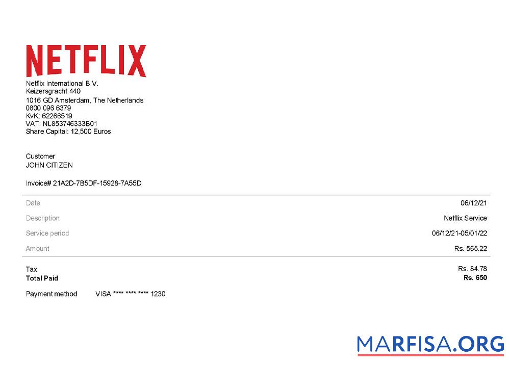 Blank USA Netflix invoice template